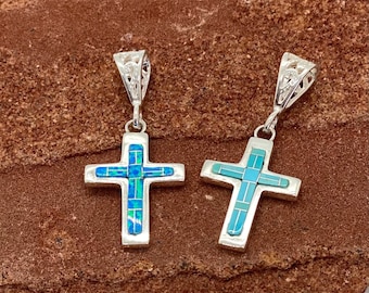 Sterling Silver Cross Pendant, Necklace inlayed with sleeping beauty Turquoise or blue Opal Handcrafted.