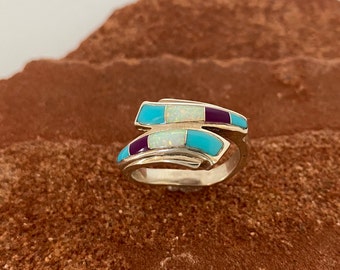 Sterling Silver Ring with blue turquoise, purple sugilite, white opal inlay, handcraft