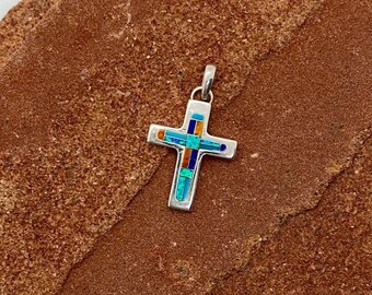 Sterling Silver Cross Pendant, Necklace inlayed with Turquoise, lapis, Spiny Oyster spiny oyster and Opal