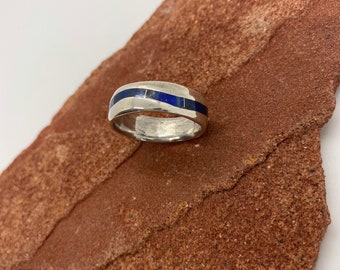 Wide Sterling Silver wedding band Ring with Dark blue Lapis inlay, handcraft,  band unisex, comfort fit