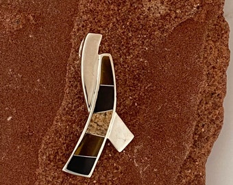 Sterling Silver Pendant inlayed with Black jade, picture jasper and tigers eye.