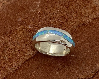 Wide Sterling Silver wedding band Ring with blue opal inlay, handcraft,  band unisex, comfort fit