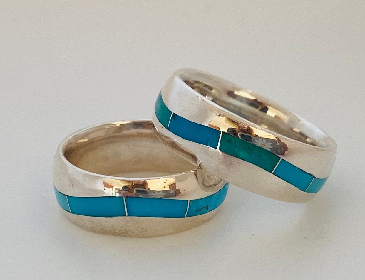 Wide Sterling Silver Wedding Band Ring With Blue Turquoise Inlay ...