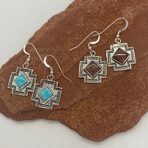 Sterling Silver Cross earrings with Kingman blue turquoise stones,or purple Spiny Oyster stones. Oxidized , Handcrafted, Dangle.