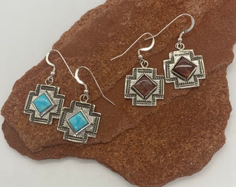Sterling Silver Cross earrings with Kingman blue turquoise stones,or purple Spiny Oyster stones. Oxidized , Handcrafted, Dangle.