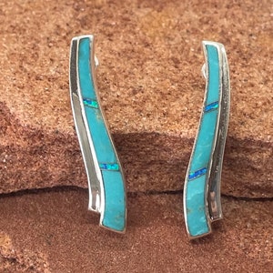 Sterling Silver Earrings inlayed with Blue Turquoise and Simulated Opal