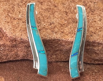 Sterling Silver Earrings inlayed with Blue Turquoise and Simulated Opal