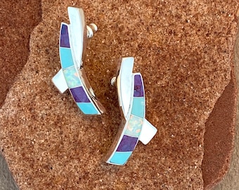 Sterling Silver Earrings inlayed with Turquoise, Sugilite and Opal, Mothers Day Gifts.