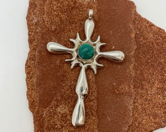 Large Sterling Silver Cross pendant, necklace with green Turquoise stones.