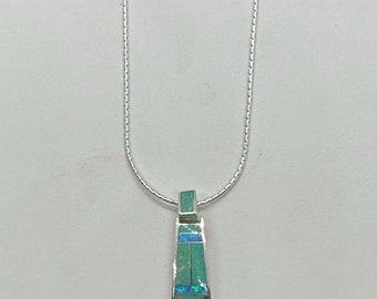 Sterling Silver Pendant, Necklace inlayed with Gaspeite and Simulated Blue Green Opal. Handcrafted in New Mexico.