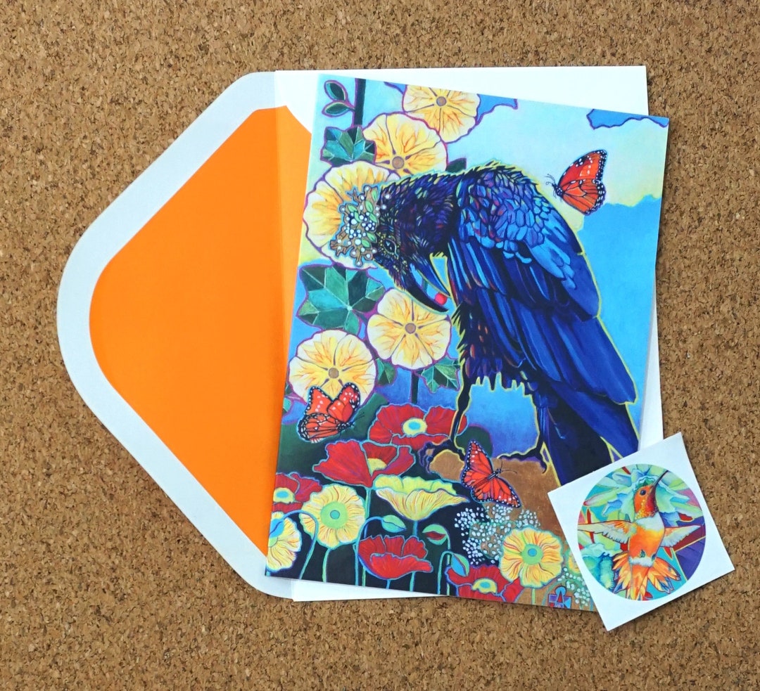 Raven With Flowers Blank Note Card - Etsy