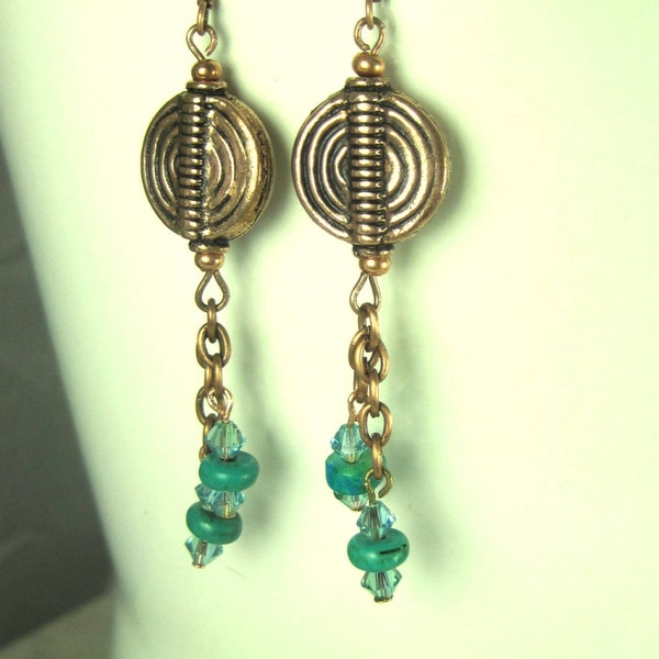 Hand Made Boho Antique Copper Dangle Earrings with Chrysocolla & Crystal  Beads. Copper Semiprecious Stone and Crystal Earrings