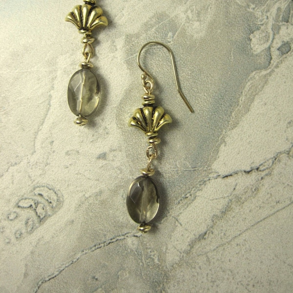 Handmade Smoky Quartz and Gold Drop Earrings.  Faceted Smoky Quartz Semi-Precious Stone Earrings.