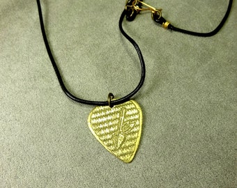 Etched Brass Guitar Pick Pendant Necklace with Native American Arrow Design. Men's Brass Etched Necklane. Leather and Brass