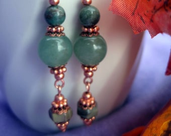 Handmade Copper & Semipreious Stone Drop Earrings. Green Aventurine and Jasper Copper Earrings. Boho Earrings. Green and  Copper Earrings