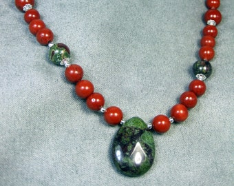 Handmade Necklace Featuring Dragon Blood Jasper Pendant & Sterling Silver Beads.  Semiprecious Stone Necklace.