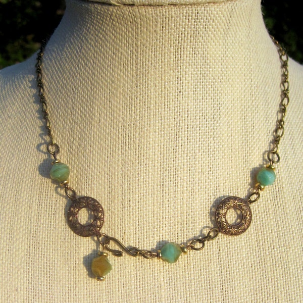 Handmade Convertible Necklace You Can Wear 3 Different Ways. Asymmetrical Necklace Handmade with Antique Brass and Czech Crystal Beads