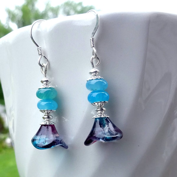 Handmade Sterling Silver Blue and Fuchsia Flower Earrings with Semipreious Stone, Sterling Silver, Crystal & Agate Earrings.