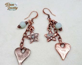 Handmade Rustic Hearts & Flowers Earrings with Amazonite.  Copper Earrings.  Heart Earrings. Amazonite Earrings.  Copper and Amazonite