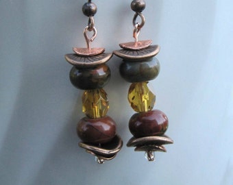 Handmade Warm & Earthy Stone  and Copper Fall Earrings. Browns, Reds, Yellows and Green of Autumn Color Earrings