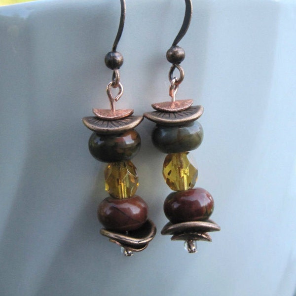 Handmade Warm & Earthy Stone  and Copper Fall Earrings. Browns, Reds, Yellows and Green of Autumn Color Earrings