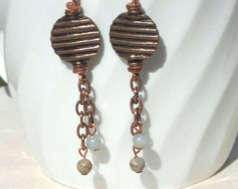 Hand Made Antique Copper Dangle Earrings with African Opal Beads. Copper Coin Bead Earrings. Copper & Semiprecious Stone Earrings.