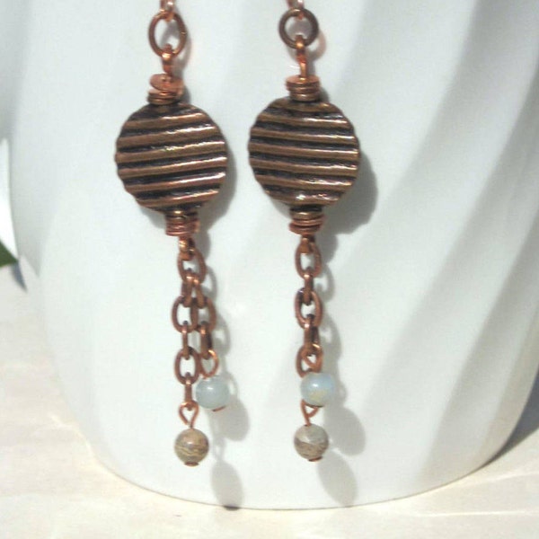 Hand Made Antique Copper Dangle Earrings with African Opal Beads. Copper Coin Bead Earrings. Copper & Semiprecious Stone Earrings.