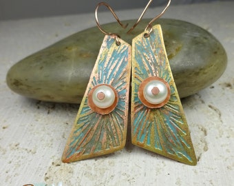 Abstract Etched Copper Earrings Enhanced with Paint and Metallic Gilt  Featuring a Focal Fresh Water Pearl. Fabulously Boho Earrings