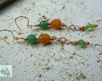 Copper &  Semi-Precious Stone Earrings. Aventurine and Carnelian Earrings. Fall Colors. Boho Earrings