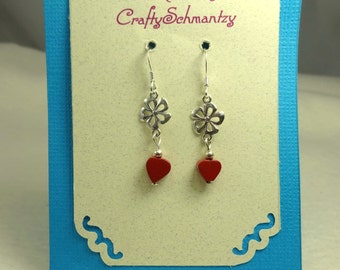 Cute Handmade Hearts & Flowers Sterling Silver  Earrings. Red Jasper Heart.