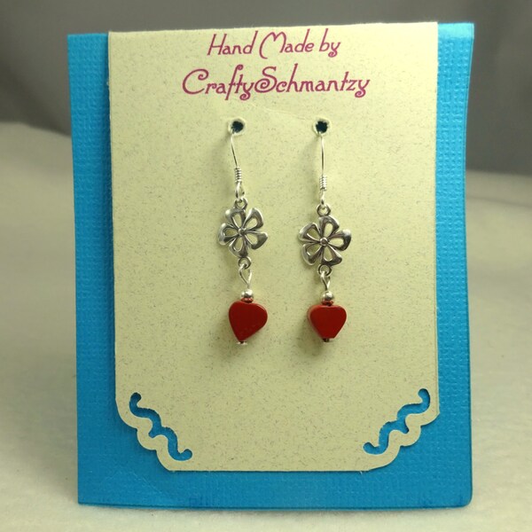 Cute Handmade Hearts & Flowers Sterling Silver  Earrings. Red Jasper Heart.