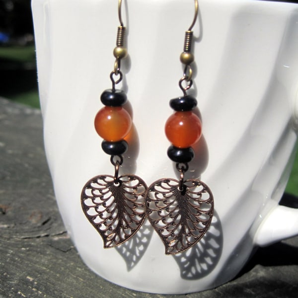 Handmade Semprecious Stones  & Antique Brass Earrings. Antique Brass Earrings. Carnelian Earrings. Onyx Earrings. Orange and Black Earrings