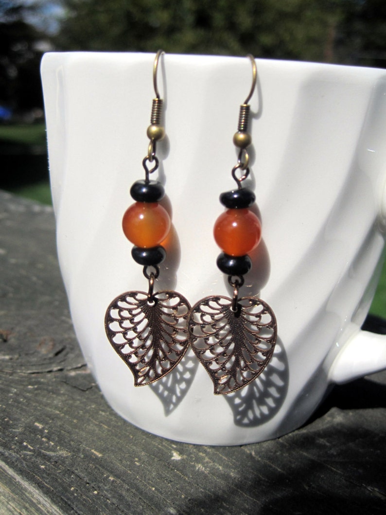 Handmade Semprecious Stones & Antique Brass Earrings. Antique Brass Earrings. Carnelian Earrings. Onyx Earrings. Orange and Black Earrings image 1