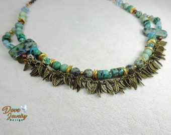 Handmade BohoChick Double Strand Brass and Semiprecious Stone Necklace. Brass with Leaf Charms & African Turquoise,  Amazonite and Apatite