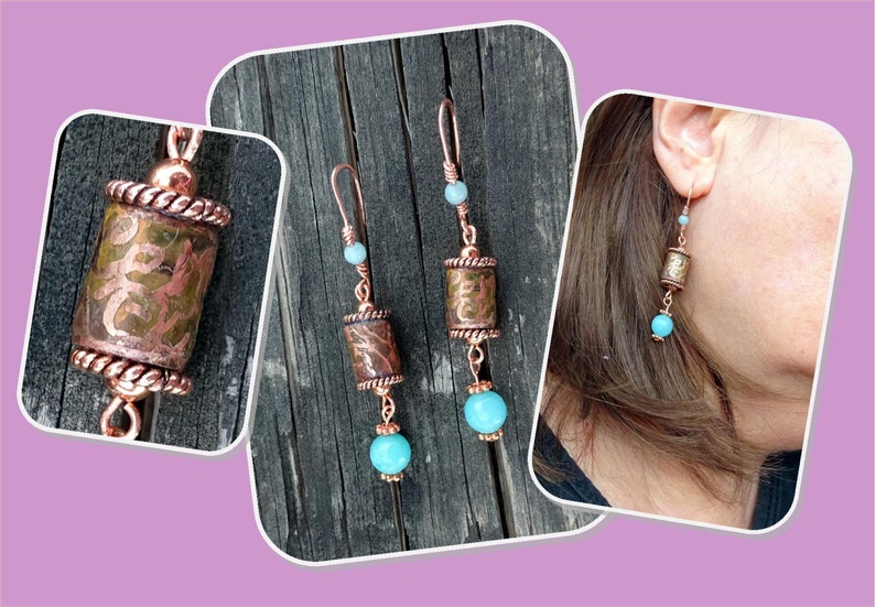Handmade Etched Copper Pipe Earrings With Amazonite Beads. Etsy