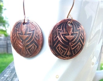 Handmade Boho Etched Round Copper Danlgle Earrings.  Antque Copper Celtic Design Earrings. Copper & Pyrite  Primitive Earrings