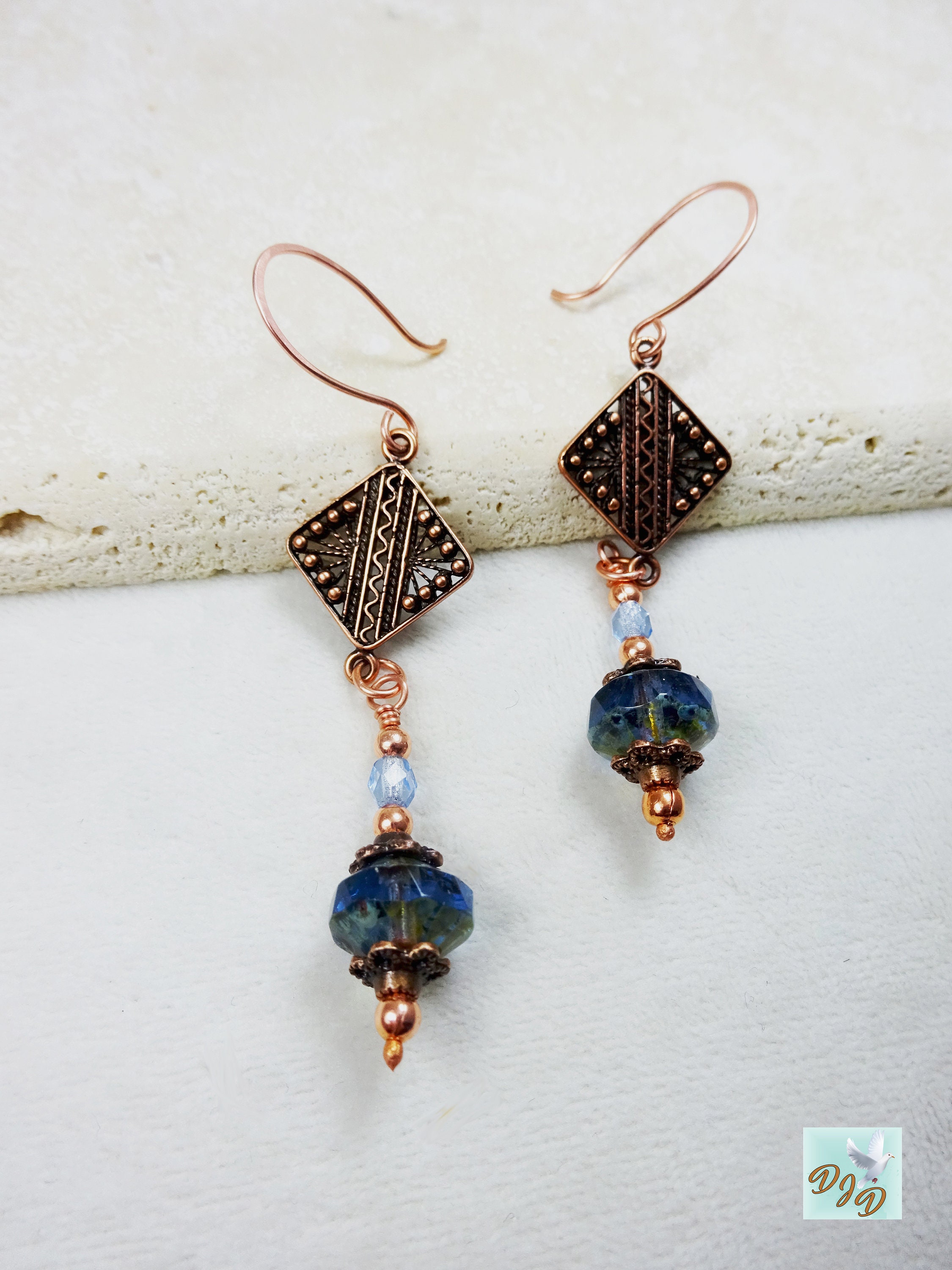 Unique Copper Boho Dangle Earrings With a Diamond Shaped - Etsy