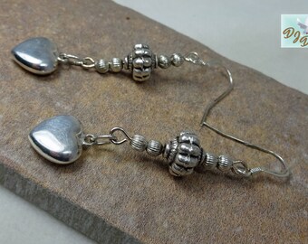 Sterling Silver Boho Dangle Earrings with Bali Beads and Heart Charms. Sterling Silver Heart Earrings.