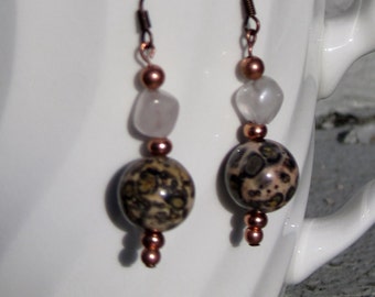 Semiprecious Stone Dangle Earrings with copper accents. Natural Leopard Jasper & Rose Quartz Earrings Featuring Copper Beads