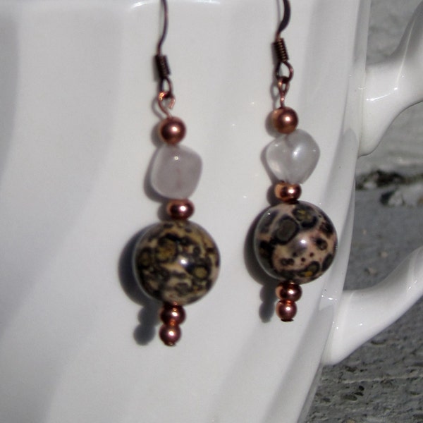 Semiprecious Stone Dangle Earrings with copper accents. Natural Leopard Jasper & Rose Quartz Earrings Featuring Copper Beads