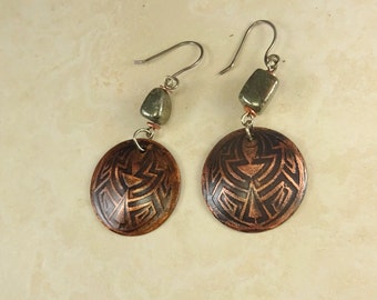 Handmade Etched Copper Dangle Earrings with Silver and Pyrite . Antique Copper Celtic Design Earrings. Copper & Pyrite  Primitive Earrings