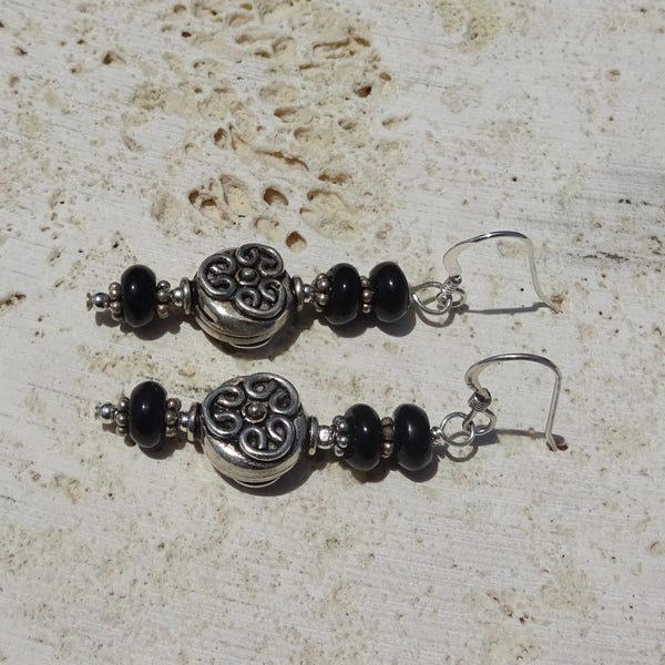 Sterling Silver Dangle Earrings. Hand Made Sterling Silver and Onyx Dangle Earrings with Bali Beads. Onyx and Sterling Silver Earrings.