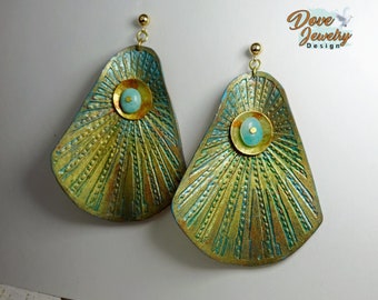 Large Organically Shaped  Copper Earrings Etched With a Radiating Design  Enhanced with Color, Gilt  & Gemstone Beads. Fabulously Boho