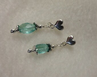 Adorable Handmade Heart Sterling Silver Post Earrings with Blue Apatite.  Sterling Silver Heart Earrings . Apatite Earrings