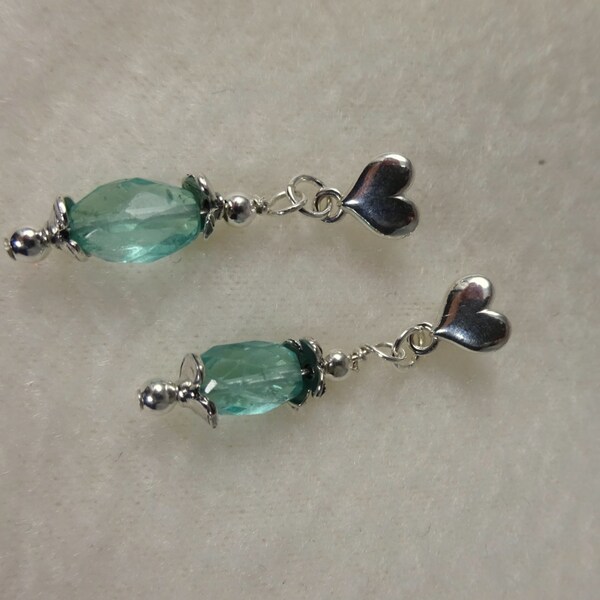 Adorable Handmade Heart Sterling Silver Post Earrings with Blue Apatite.  Sterling Silver Heart Earrings . Apatite Earrings