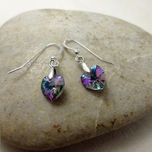 Sterling Silver Earrings with Multicolor Swarovski Heart. Pink Purple & Green Earrings. Heart Earrings. Affordable Valentines Day Earrings image 1