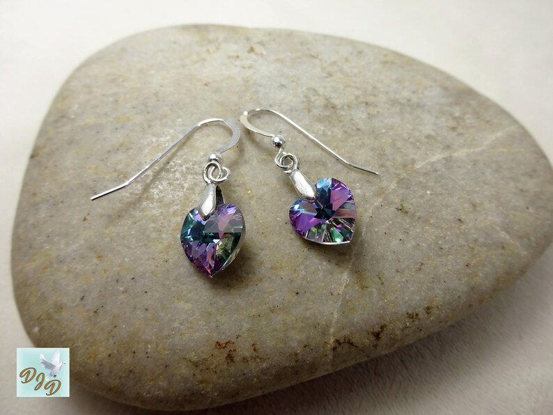 Sterling Silver Earrings with Multicolor Swarovski Heart. Pink Purple & Green Earrings. Heart Earrings. Affordable Valentines Day Earrings image 1