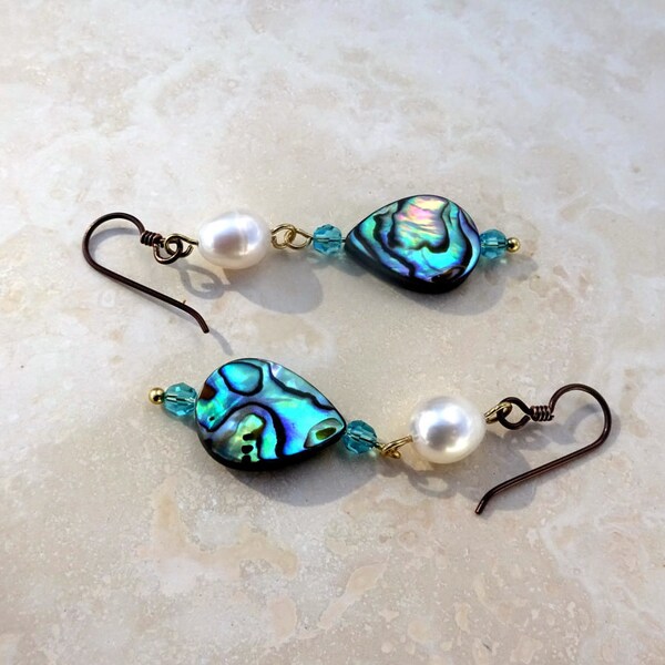 Dangle Earrings Handmade with Abalone, Pearls, and Crystal Beads. Abalone Earrings. Abalone and Pearl Earrings. Pearl Earrings