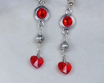 Stunning Red Heart Post Earrings Featuring Sterling Silver & Swarovski Crystal. Red Bead Earrings. Sterling Silver Earrings