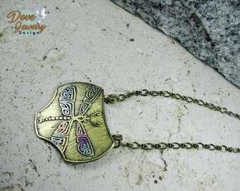 Iridescent  Dragonfly Pendant Etched in Brass. Large Hand Cut and Etched Pendant With Light Pastel, Silver & Gold Colors